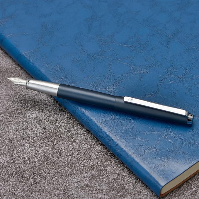 HongDian 525 Blue Metal Fountain Pen Bent Nib, Calligraphy Fude Pen 0.6mm with Converter and Metal Box Set