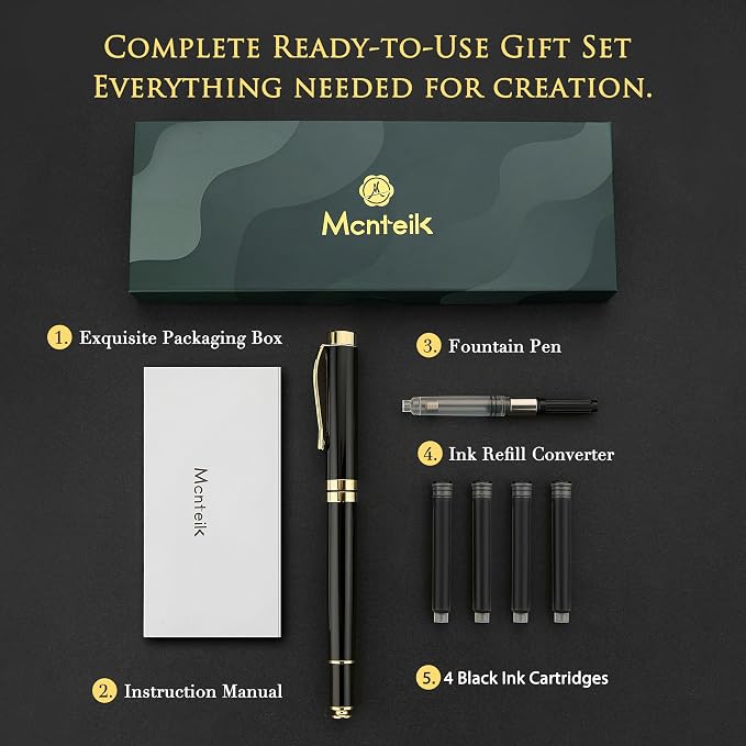 MCNTEIK Fountain Pen-Luxury Black and Gold Finish, 18K Gilded Nib(Fine), Smooth Ink Flow, Complete Set with 4 Black Ink Cartridges, Converter & Gift Box-Ideal for Professionals, Office, Journaling
