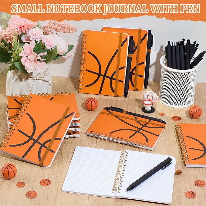 Fulmoon 24 Set Basketball A6 Spiral Notebook with Ballpoint Pens 50 Sheets, 4"x 6" Small College Ruled Notepads Journaling Notebooks Bulk Basketball Team Gifts for Back to School Supplies Offices