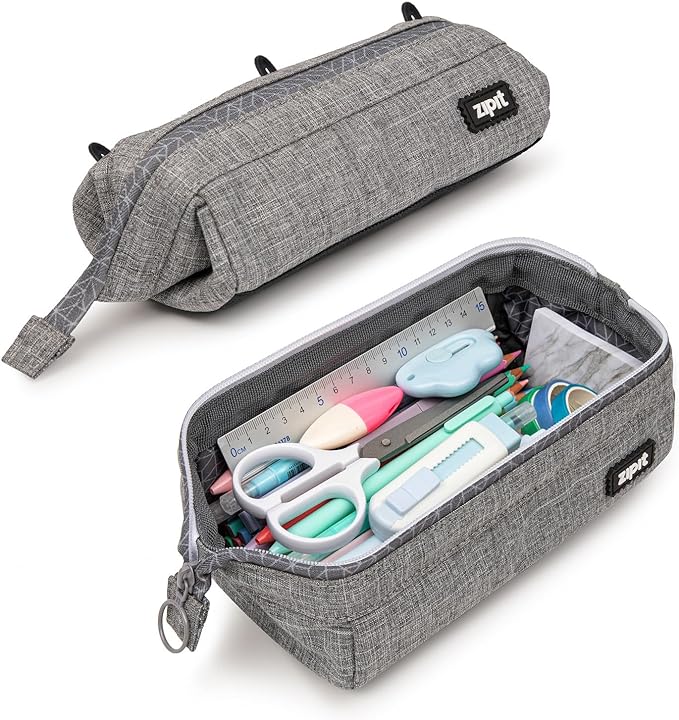 ZIPIT Lenny Pencil Case, Large Capacity Zipper Pouch for School, Stationery Bag for Teen Girls Boys and Adults, Grey