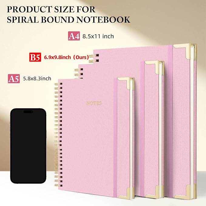 B5 Spiral Notebook Journal, (6.9×9.8'') 100 Pages 50 Sheets Linen Hardcover College Ruled Journaling For Work & Note Taking Thick Spiral Journal For Writing Daily Journal For Women & Men -Pink