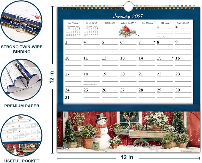 2027 Calendar - 2027 Wall Calendar with Pocket, January 2027 to December 2027, 12'' x 12'' Monthly Calendars for Home, Office, School