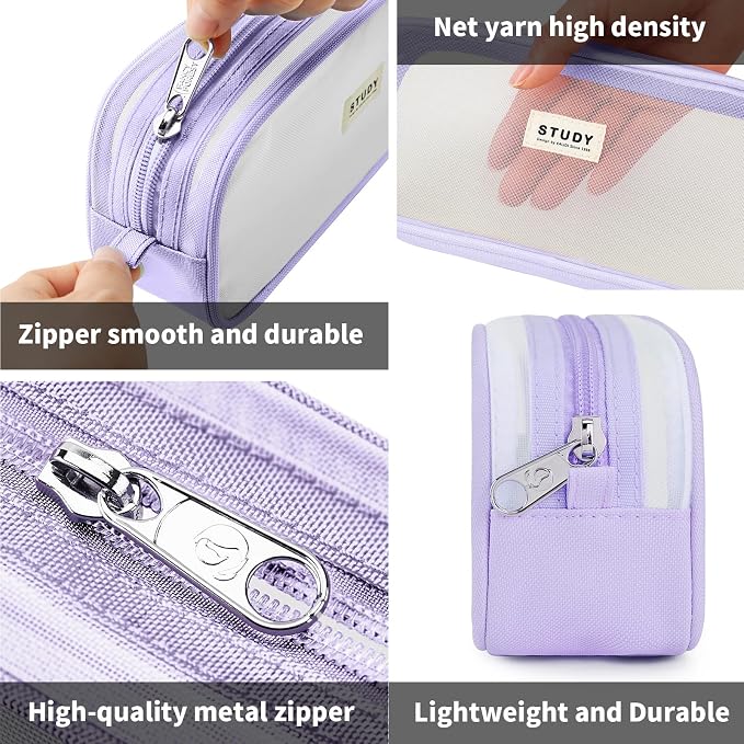 KALIDI Grid Mesh Pencil Case Large Capacity Pencil Case Big Pencil Pouch With Zipper Simple Stationery Bag Aesthetic Pen Bag for School Teen Girl Boy Multi-Purpose bag for office Men Women (Purple)