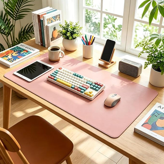 Dual-Sided Desk Pad Protector, Desk Mat with Non-Slip - Waterproof PU Leather Office Desk Blotter for Mouse, Keyboard, Writing,23.64'' x 44.92'',Pink