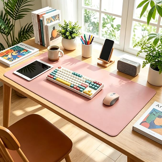 No n-Slip Leather Desk Pad, Waterproof Laptop Computer Desk Keyboard Mat, Table Protector Blotter Mat, Mouse Pad for Office/Work/Home/Decor(Pink, 11.03'' x 22.85'')