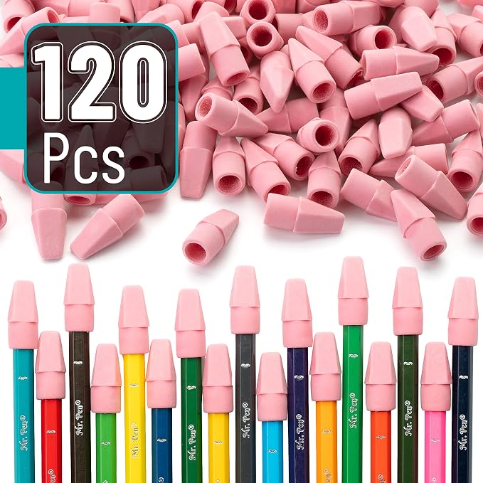 Mr. Pen- Pencil Top Erasers, 120 Pack, Pink, Latex-Free | No-Smudge Cap Pencil Erasers for Precise Erasing, Kids, Teachers, Studying Supplies