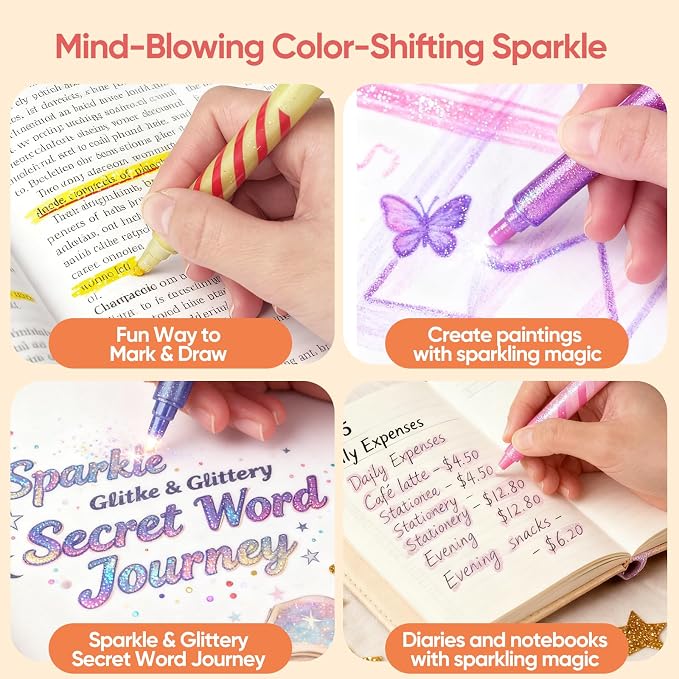 JoyCat 10-Pack Glitter Color Changing Markers for Kids, Dual Tip Magic Pens | Glitter markers use white tips for color-changing effects, art supplies for drawing, coloring, crafts and stationery sets.