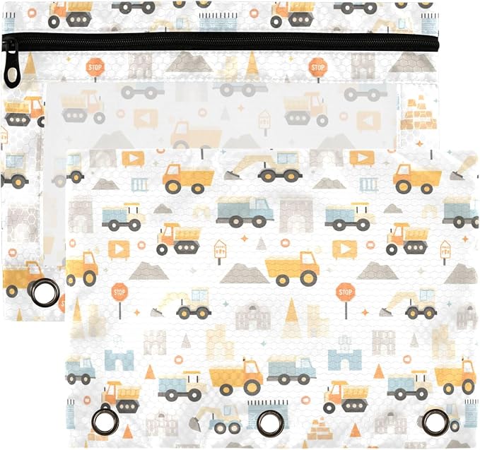 Monster Truck White Binder Pouches 3 Ring for Boys Girls School Office College Supplies Roadster Racing Cars Pencil Pouches Case Bag with Clear Window and Zipper 2 Pack