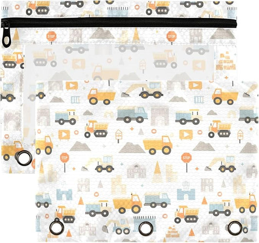 Monster Truck White Binder Pouches 3 Ring for Boys Girls School Office College Supplies Roadster Racing Cars Pencil Pouches Case Bag with Clear Window and Zipper 2 Pack