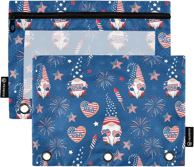 Emelivor Gnome 4th July Pencil Pouch for 3 Ring Binder 2 Pcs Binder Pouches with Zipper Pocket Pencil Case Bag with Clear Window for College Office Daily Supplies
