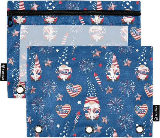 Emelivor Gnome 4th July Pencil Pouch for 3 Ring Binder 2 Pcs Binder Pouches with Zipper Pocket Pencil Case Bag with Clear Window for College Office Daily Supplies