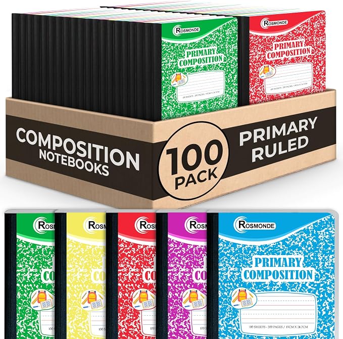 Rosmonde Composition Notebook Bulk, 100 Pack, K-2 Primary Ruled, 200 Pages (100 Sheets), Drawing and Writing Primary Journal, Grades K-2, Bulk School Supplies, Hard Cover With Assorted Colors