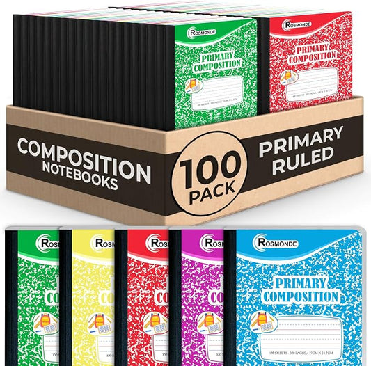 Rosmonde Composition Notebook Bulk, 100 Pack, K-2 Primary Ruled, 200 Pages (100 Sheets), Drawing and Writing Primary Journal, Grades K-2, Bulk School Supplies, Hard Cover With Assorted Colors