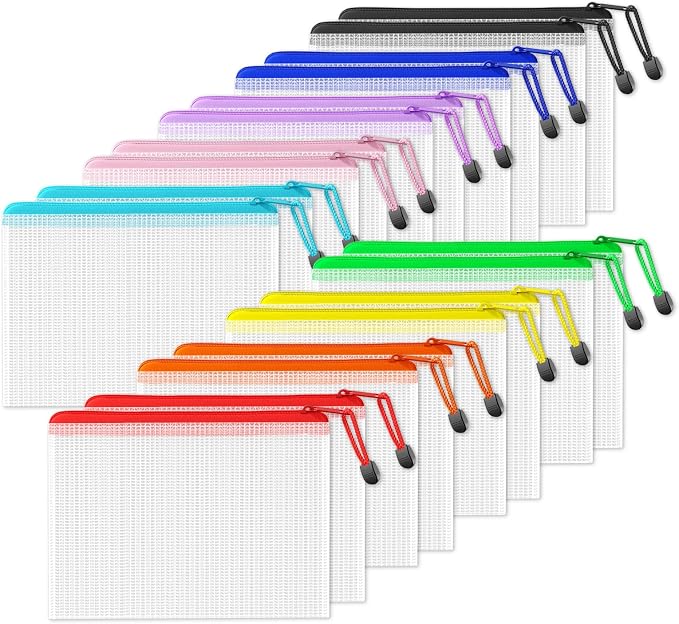 SUNEE Plastic Mesh Zipper Pouch 6.8x9.2 in (9 Colors, 18 Packs),Extra Large Water-Resistant Zip Bag for School Office Supplies, Puzzles & Games Organizing Storage
