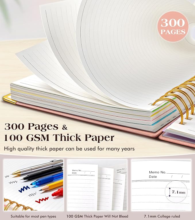 Spiral Notebook Journal with Removable Dividers Tabs, 300 Pages Hardcover Leather 5 Subject College Ruled Notebook, 6.1"x8.2" Large A5 Lined Journal for Women Men Spiral Notebook for Work School,Pink