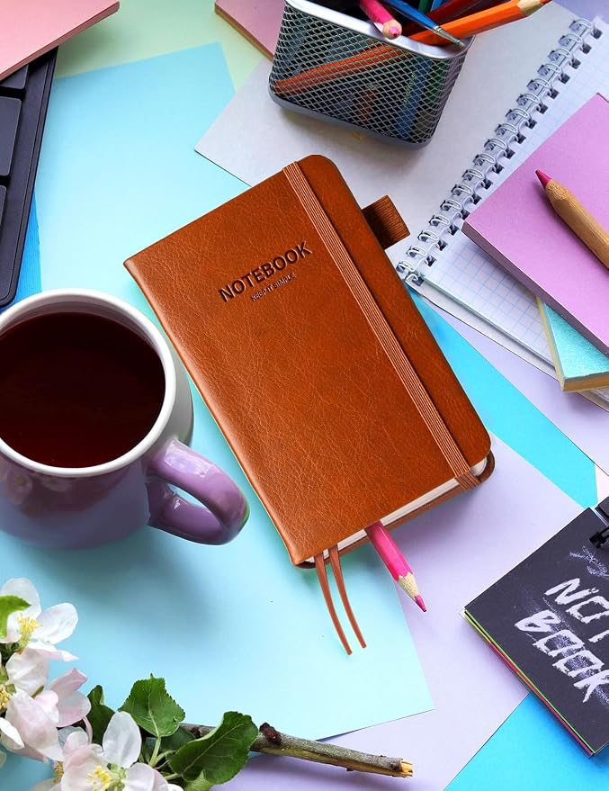 AISBUGUR Pocket Notebook Small Notebook 2-Pack, 3.7" x 5.7" Pocket Notebooks Hardcover with Thick Lined Paper, Inner Pockets, Cover Letter Embossing Design Mini Journal Notepad Black+Brown