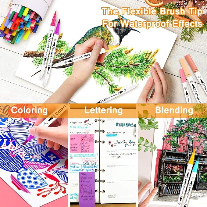 Caliart 72 Colors Double Tip Brush Pen Art Markers for Adult Coloring Books | Artist Fine & Brush Coloring Markers for Journaling Calligraphy Drawing Gifts Teacher Office Art Supplies