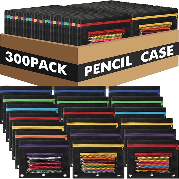 Zhehao 300 Pcs Binder Pencil Pouch Bulk Mesh Pencil Pouch for 3 Ring Binder with Zipper and Double Pocket for Writing Utensils School Supplies(Dark Color)