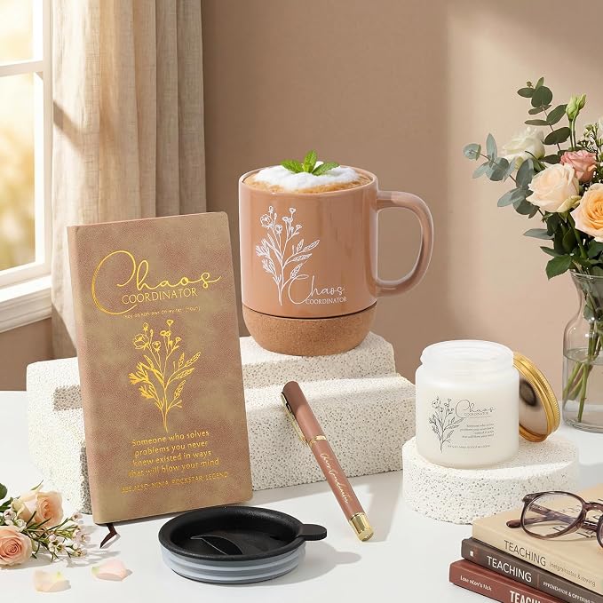 Sayglossy 4 Pcs Chaos Coordinator Gift Set Back to School Gift for Teachers Women Men Notebook Coffee Mug Scented Candle Ballpoint Pen for Teacher Assistant Principal Class School Staff Coworker