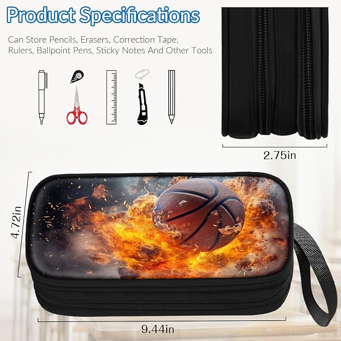 TILYTADLY Large Pencil Case for Boys - Basketball Boys Pencil Pouch with Zipper Compartments - Big Capacity Pen Box Pen Bag Organizer with Keychain for Kids Teens School