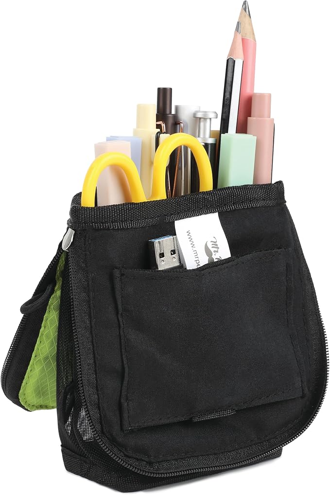 Mr. Pen- Standing Pencil Case Pouch, Sit & Lay Mesh-View Design | Black & Lawn Green, Interior Pocket & 2 Elastic Binder Loops, Cute Pencil Case for Girls and Boys
