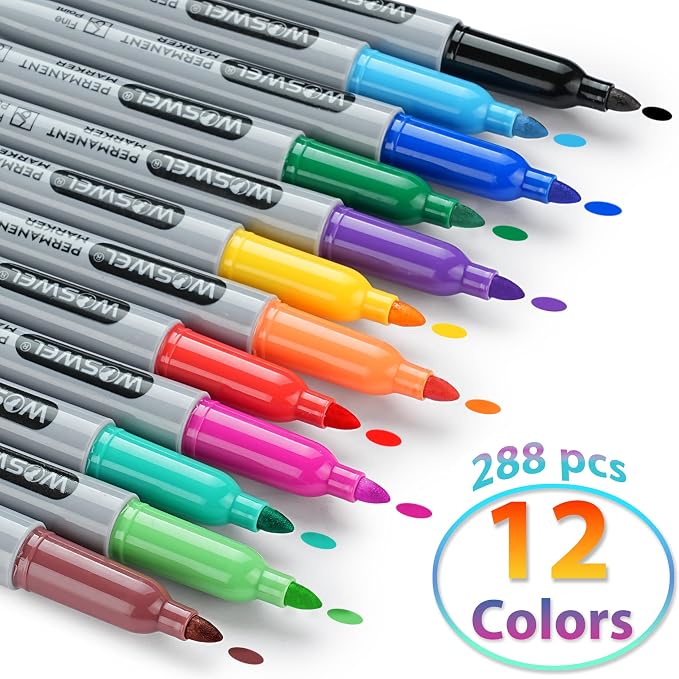WOSWEL Permanent Markers Bulk, 288 Pack Permanent Marker Set, 12 Assorted Colors, Fine Point Tip, Fast Dry, Waterproof, work on Plastic, Glass, Metal, Wood and Stone, Perfect for School, Office, Home