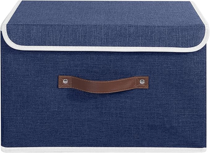 ANMINY Storage Bin with Lid Storage Boxes with PU Leather Handles PP Plastic Board Decorative Foldable Lidded Cotton Linen Fabric Home Cubes Baskets Closet Organizer Container - Blue, Large Size
