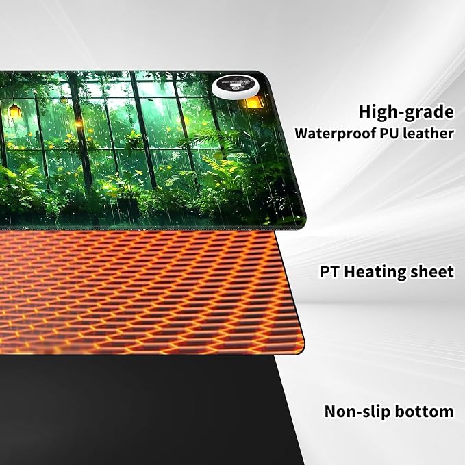 Warm Desk Pad,Heated Desk Pad,Office Mat,3 Heating Levels & 3 Hours Auto Shut-Off,31.5"*13" Gaming Mouse Laptop Keyboard Leather Desk Mat,Green Forest Window