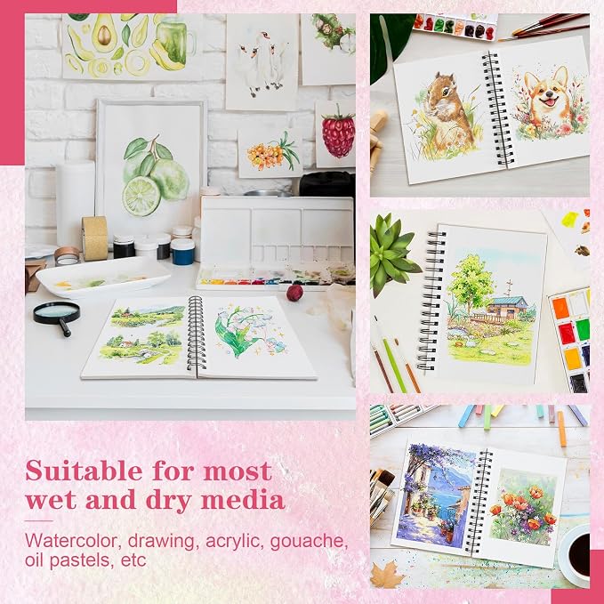 3 Pack 90 Sheet Watercolor Paper Pad 5.5“ x 8.5”, 140lb/300 GSM Cotton Cold Press Spiral Bound Pad Watercolor Sketchbook for Adults, Mixed Media,Markers, Art Painting, Journal