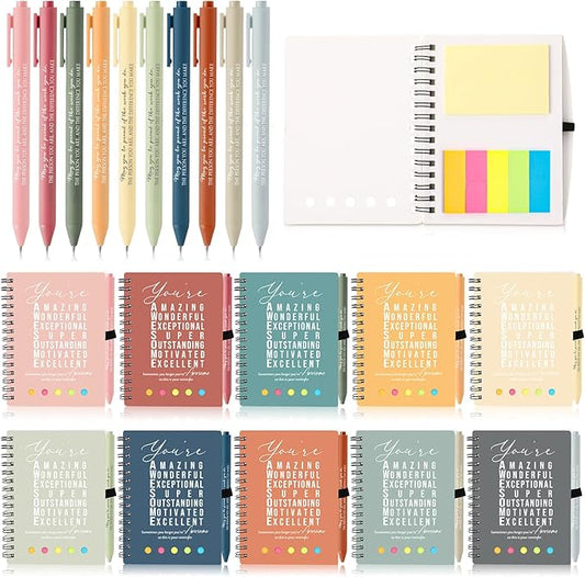 Jetec 20 Pcs/10 Sets Back to School Teacher Gifts Motivational Spiral Notebook with Sticky Notes Pen Bulk Inspirational Journals Thank You Gift for Employee Coworker Birthday Party (Light Morandi)