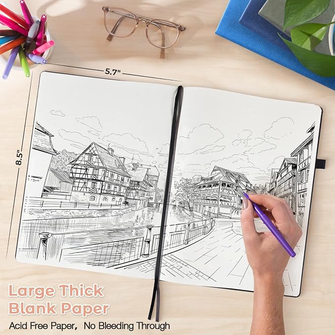 Blank Notebook, Hardcover Sketchbook, Leather Unlined Journal for Women Men | No Bleed Thick Paper Sketch Book for Drawing/Writing/Journaling, Lay Flat, A5 Portable Size for Work, School, and Travel