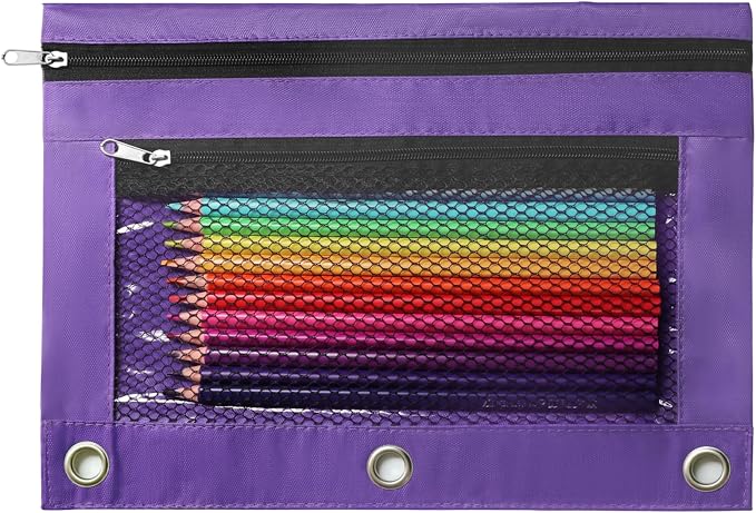 Pencil Pouch for 3 Ring Binder, Heavy Duty Canvas Dual Zipper Pen Bag with Clear Window, Smooth Metal Zipper, Fit Standard 3-Ring Binders for School Office Travel Supplies (Purple)