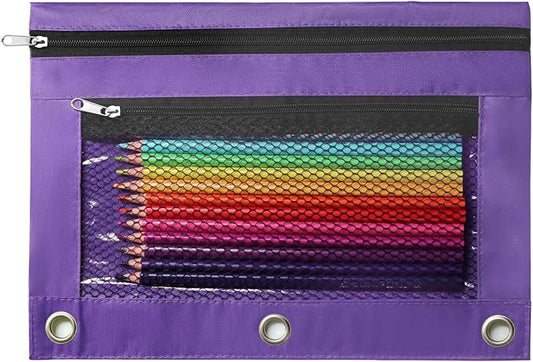 Pencil Pouch for 3 Ring Binder, Heavy Duty Canvas Dual Zipper Pen Bag with Clear Window, Smooth Metal Zipper, Fit Standard 3-Ring Binders for School Office Travel Supplies (Purple)