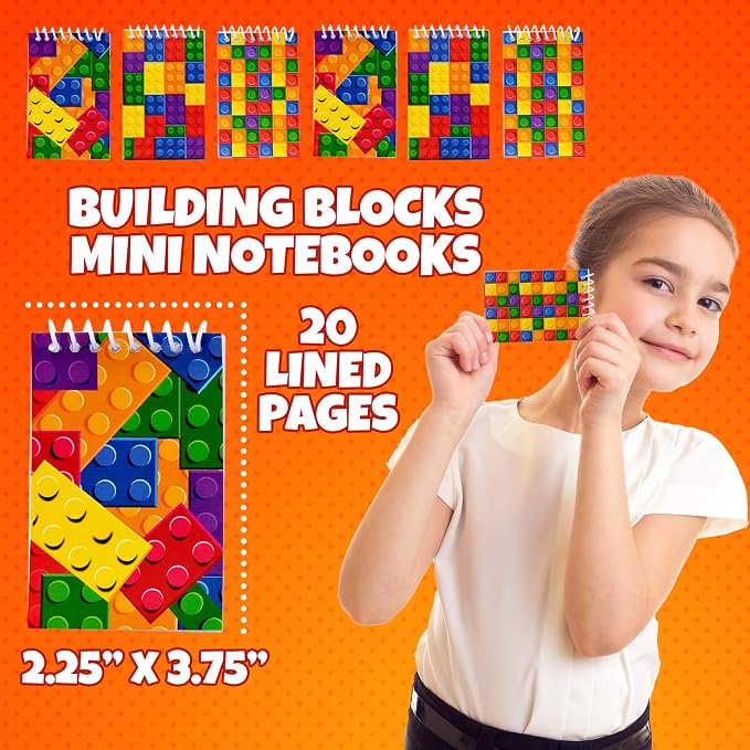 Mini Building Block Notebooks (Bulk of 64) Spiral Notepads In Assorted Brick Styles, Mini Notebook For Kids Pocket Size, For Birthday Party Favors, Goodie Bag Stuffers, Children Classroom Rewards