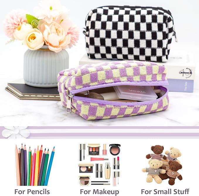 Checkered Makeup Bag for Purse, Small Travel Cosmetic Pouch,Purple,2 Pack | Cute Zipper Makeup Organizer for Women, Travel Essentials, Toiletries, Makeup Brushes, Beauty Accessories&Bridesmaid Gifts