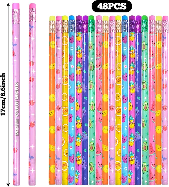 Rbenxia 48PCS Wooden Pencils with Erasers Assortment Colorful Novelty Pencils Awards Incentives Supplies Giveaways Party Favor (Fruit Elements)