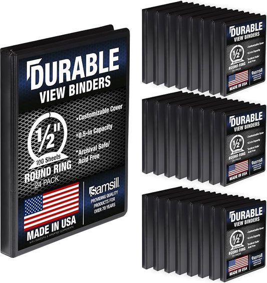 Samsill 24 Pack Durable 0.5 Inch 3 Ring Binders, Round Ring, Clear View Cover for Presentations, Black