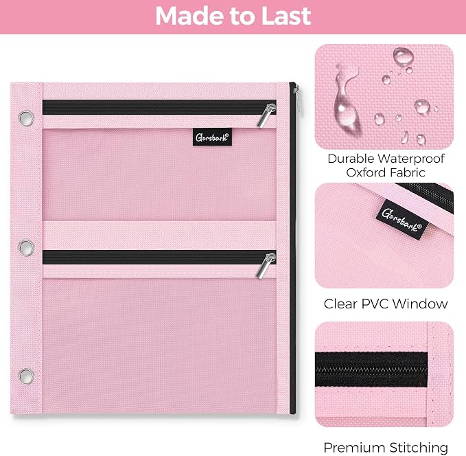 3 Ring Binder Pencil Pouch, 3-Pocket Zipper Pencil Case with Reinforced Grommets & Clear Window, Durable Pen Organizer for School Office Supplies Pink