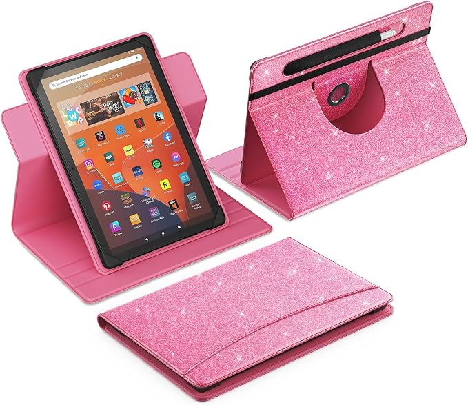 MoKo for Universal 11 inch Android Tablet Case with Pen Holder, Shiny Pink | Fits All 9.6-11 inch Tablets, Slim 360 Degree Rotating Cover, Multi-Angle Stand, Front Pocket, No fit iPad/NO back opening