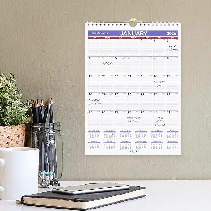 AT-A-GLANCE 2026 Wall Calendar, 8" x 11", Small, Ruled Blocks (PM12826)
