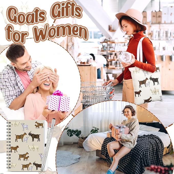 Kinlop 5 Pcs Goats Lover Gifts for Women Include Just a Girl Who Loves Goats Tote Bag Canvas Cosmetic Bag Coil Notebook Keychain and Ballpoint Pen for Women Girls