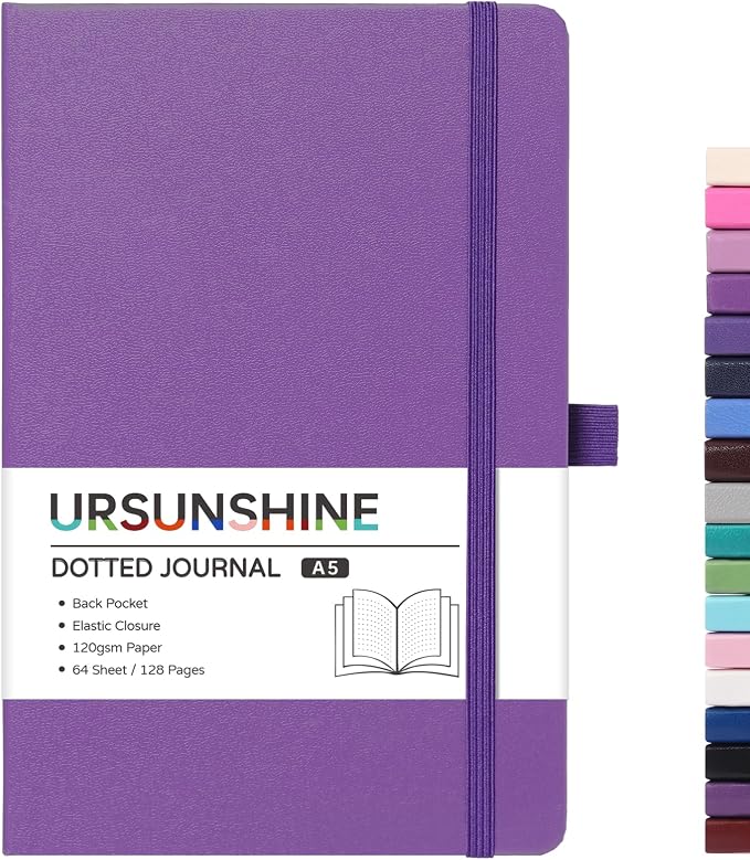 Dotted Journal/Notebook - Dot Grid Hard Cover Notebook, Premium Thick Paper with Fine Inner Pocket, Black Smooth Faux Leather, Pen Loop, 5.3'' x 8.26'' - Lavender