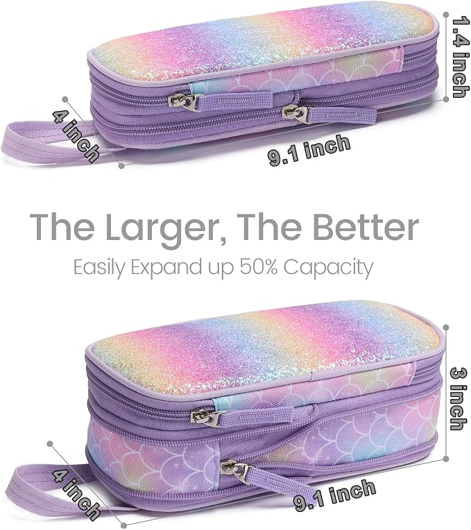 Bagseri 2 Pack Pencil Case for Boys Girls - Cute Pencil Pouch for Kids Pencil Box Large Capacity Pencil Bag Organizer for School (Purple Mermaid and Black Dinosaur)