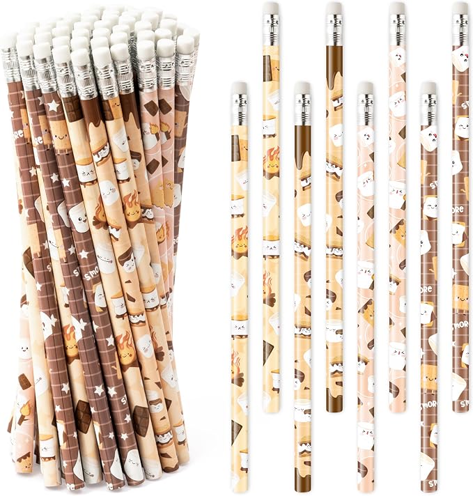 Xqumoi S’Mores Pencils with Eraser - S’More Love Fun #2 HB Pencils, Classroom Student Rewards Camping Back to School Office Supply Marshmallow Goodie Bag Fillers Stuffers Campfire Party Favors