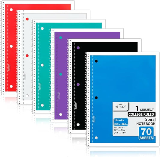 Yeplan Spiral Notebooks 6 Pack, College Ruled Notebook Paper, 1 Subject Notebook for School & Work, 8" x 10-1/2", 70 Sheets per Notebook, 6 Assorted Colors