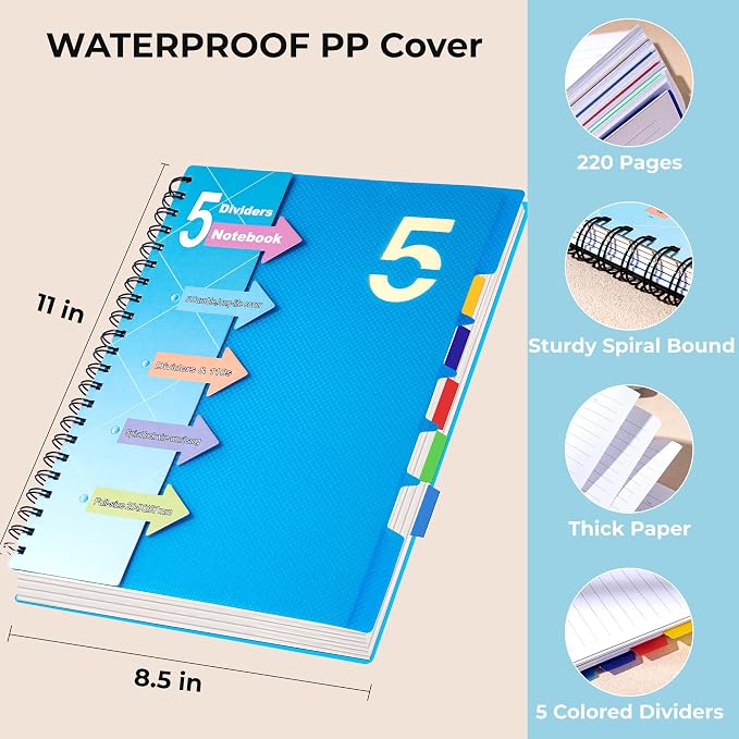 CAGIE 5 Subject Notebook 8.5 x 11, A4 Spiral Notebooks with Dividers Tabs | College Ruled 240 Pages Spiral Notebook for Note Taking, School, Work, Blue