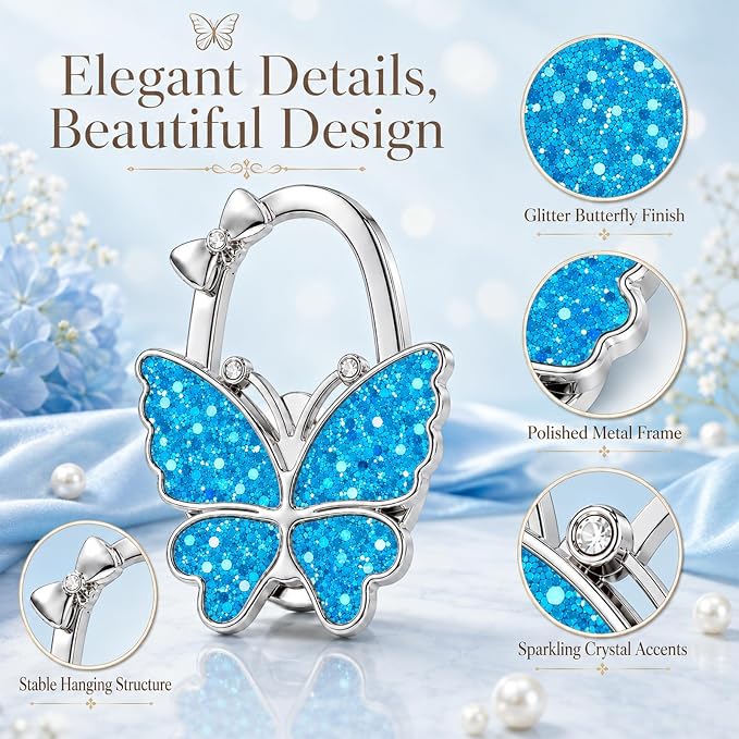 Purse Hook for Table, Foldable Handbag Hanger for Women, Portable Bag Holder with Non-Slip Base, Cute Sequin Blue Butterfly Purse Table Hook for Restaurant Office Travel Gift