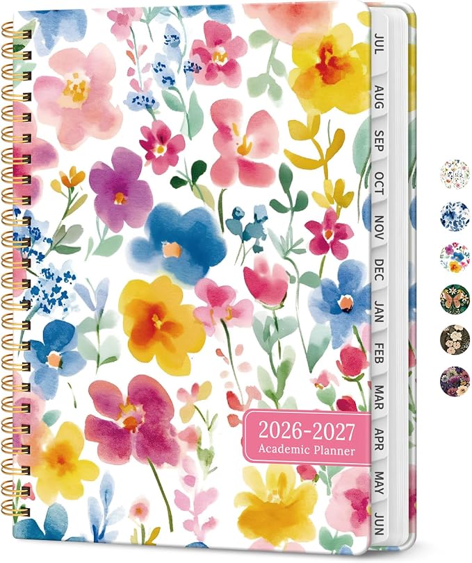 Planner 2026-2027, Academic Year Monthly and Weekly Calendar Planner, Jul 2026 - Jun 2027, Hardcover Teacher Student Planning Agenda book with Tabs, Perfect for School Office Supplies, 8.5" x 11" - Bloom Floral