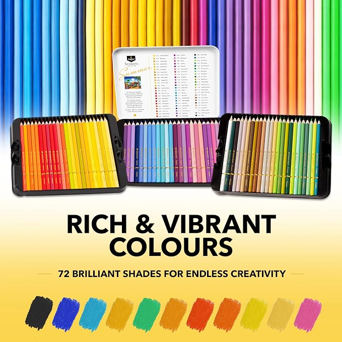 Castle Art Supplies 72 Summer Colored Pencils Set | Wax-Based Pencils with Soft, Smooth Cores | Summer-Inspired Palette for Adult Artists | Organized in Display Tin | Seasons Collection