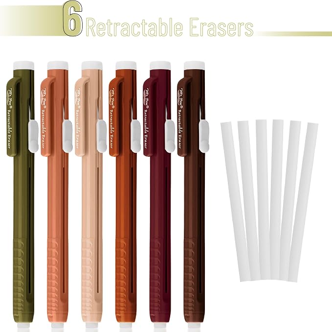 Mr. Pen- Retractable Mechanical Eraser Pens, 6 Pack, Earthy Colors | Latex-Free Precision Pencil Erasers for Artists, Students, Drawing, Sketching & Drafting